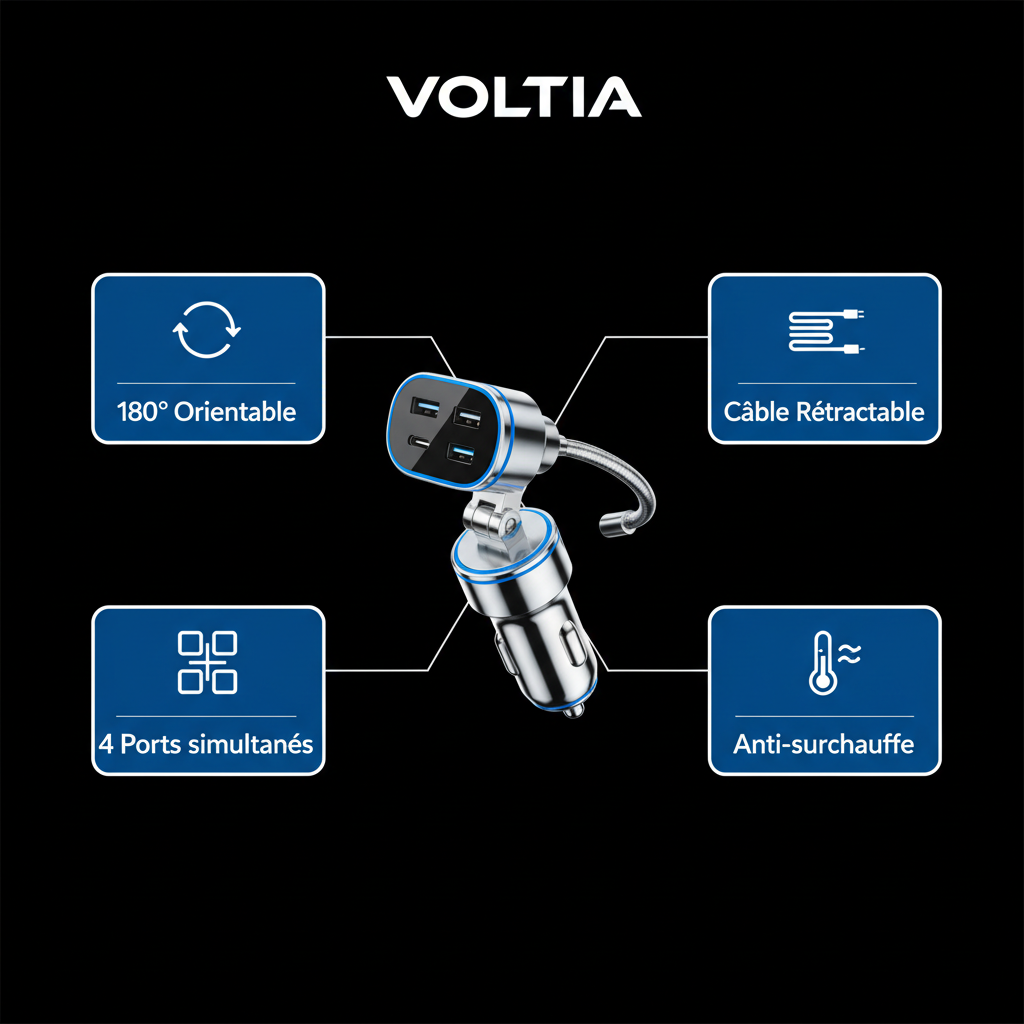 VOLTIA - 4 fonctionnalités clés : orientable, rétractable, 4 ports, anti-surchauffe